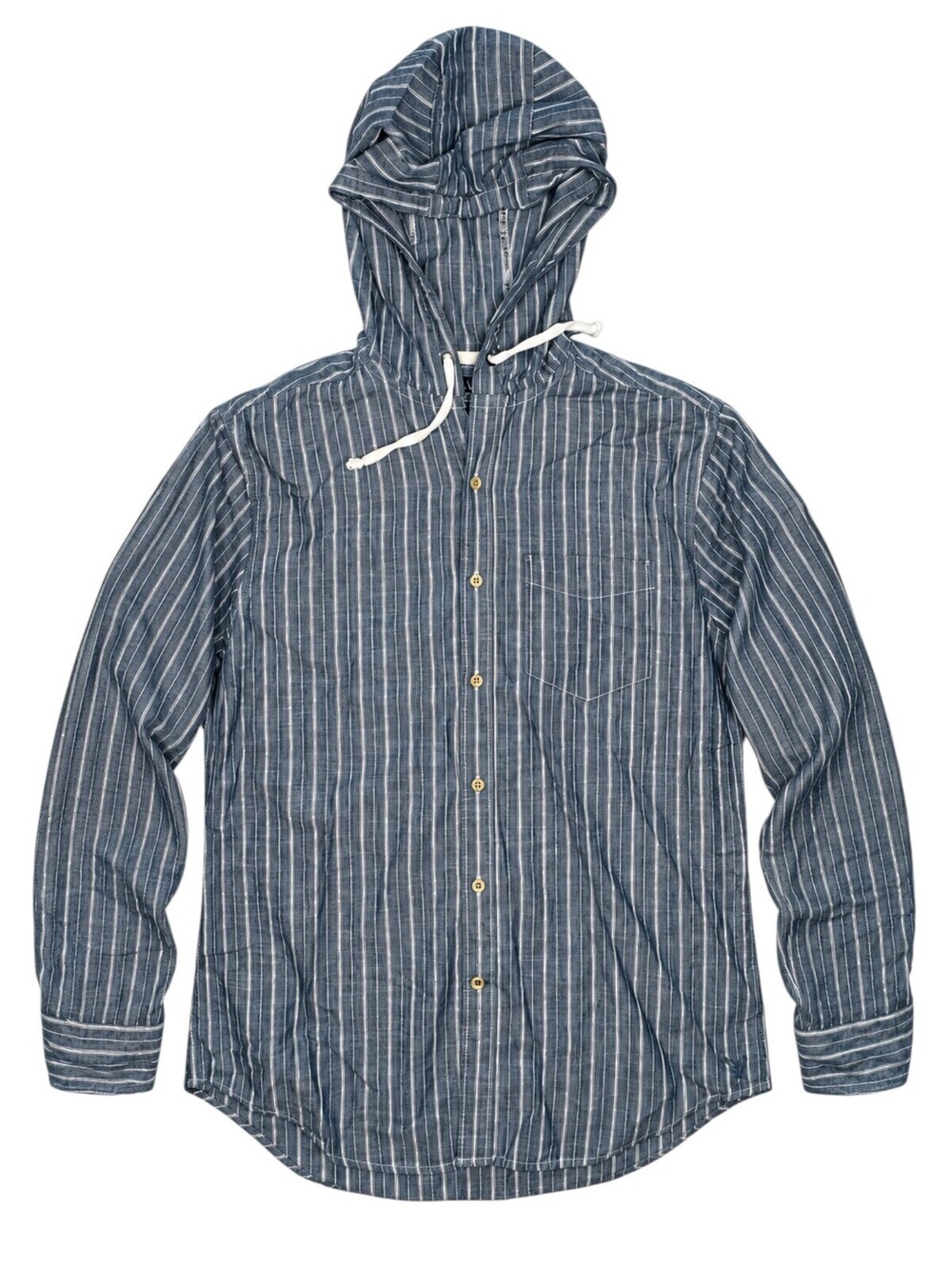 American Eagle Outfitters Men's Blue and White Striped Hooded Button-Up Shirt, M